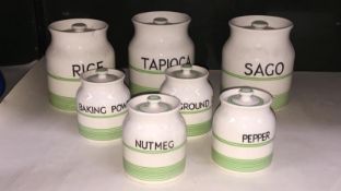 7 pieces of Sadley Kleen kitchenware porcelain spice and storage jars (one A/F)