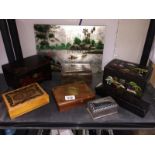 2 oriental lacquered jewellery boxes and plaque and other boxes.