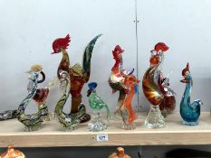 10 assorted art glass cockerel figures