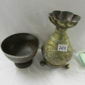 An oriental bronzed white metal bowl and a brass vase.