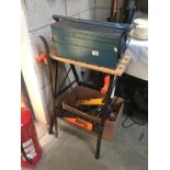 A quantity of tools and accessories including tool box of spanners, work bench, spades, crow bar,