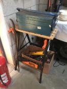 A quantity of tools and accessories including tool box of spanners, work bench, spades, crow bar,