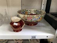 A large Maling floral decoration bowl and a small red and gold jug