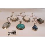 6 semi precious hard stone set pendants including Lapis, Turquoise, Moonstone, agate etc.