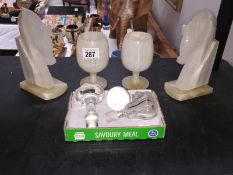 A pair of Onyx horse bookends, 2 onyx goblets, decanter stopper etc.
