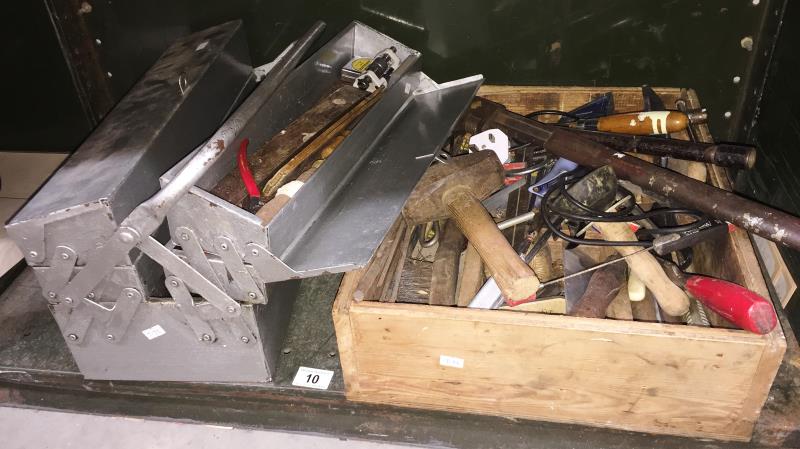 A toolbox and a drawer full of various hand tools including spanners, screw drivers, pliers etc.