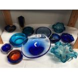 12 pieces of mainly blue art glass bowls etc