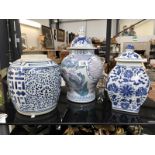3 blue & white vases (2 lidded)