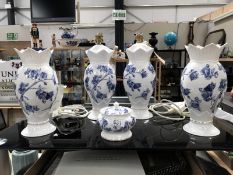 5 Aynsley blue & white items including 2 lamps,