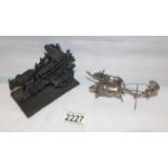 A vintage cast metal (possibly bronze) ox cart a/f and a silver ox plough a/f.