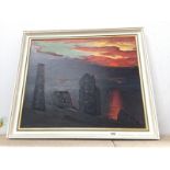 An oil on canvas of sunset and tin mines by the coast
