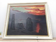 An oil on canvas of sunset and tin mines by the coast