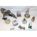 A mixed lot including porcelain animals, a 19th century Staffordshire seated greyhound,