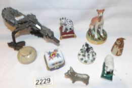A mixed lot including porcelain animals, a 19th century Staffordshire seated greyhound,