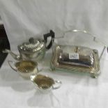A 3 piece silver plated tea set and a silver plated butter dish with glass liner.