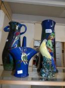 3 pottery vases depicting birds (including Torquay pottery) and a pottery bird.