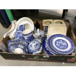 A box of blue & white Willow pattern etc.