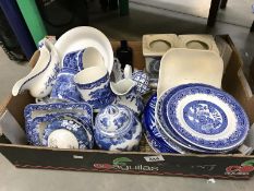 A box of blue & white Willow pattern etc.