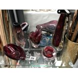 7 pieces of red & clear art glass vases