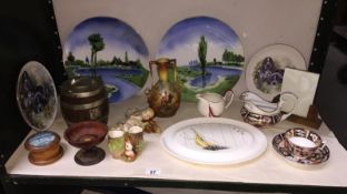 A Palissy golden Regatta, oak biscuit barrel etc.