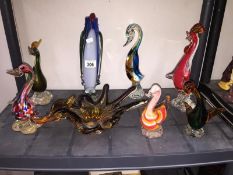 7 Murano style art glass birds and a bowl