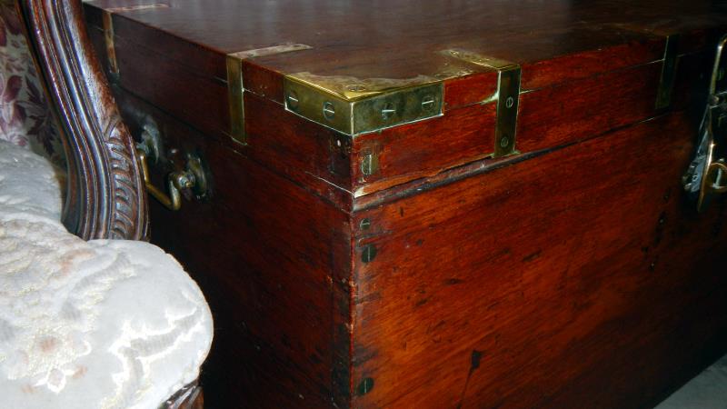 A fine 19th century brass bound captain's chest with candle box and secret compartment. - Image 7 of 8