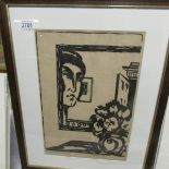 A French woodcut print entitled 'La Juene Fille Au Mirror' (The Girl At The Mirror),