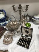 A quantity of silver plated items including cake stand, candelabra etc.