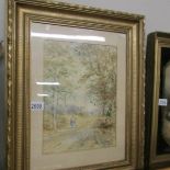 A Victorian framed and glazed watercolour of a mother and child on a woodland path, signed Gregory,