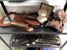 A mixed lot including brush set mirror, carved oriental mask,
