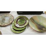 2 hand painted pottery plates and 3 French majolica plates bt H.B & C. E, Choisy-le-Roi.