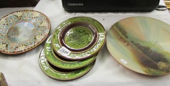 2 hand painted pottery plates and 3 French majolica plates bt H.B & C. E, Choisy-le-Roi.