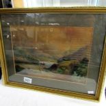 A framed and glazed 19th century water colour of a highland scene featuring a loch with a fly