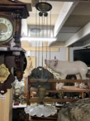 An Edwardian brass rise & fall ceiling light with white glass shade