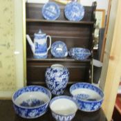 9 blue and white ceramic items including Spode coffee pot, pair of Mason's bowls,