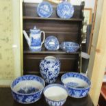 9 blue and white ceramic items including Spode coffee pot, pair of Mason's bowls,