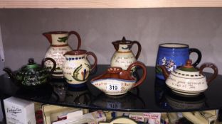 7 pieces of mottoware including Aller Vale pottery (1 missing lid)