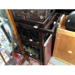 A dark wood 3 shelf trolley with top serving tray