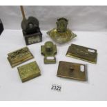 7 assorted brass stationery items - stamp boxes, embosser, punch blotter,
