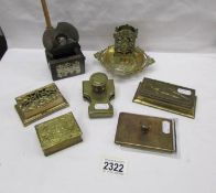7 assorted brass stationery items - stamp boxes, embosser, punch blotter,