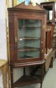 A glazed corner cabinet on stand.