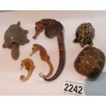 3 dried taxidermy sea horses, a tortoise shell, a vintage nodding tortoise etc.
