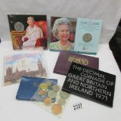 A collection of UK coinage, 1970, 1971, First decimal set, 1982 GB set, 2012 GB set etc.