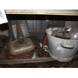 A large tin trunk of kitchenalia including pans, enamel, electric etc.