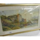 A framed and glazed watercolour of hill side and river.