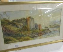 A framed and glazed watercolour of hill side and river.