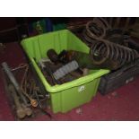 A large box of various workshop tools and a box of coilsprings, dynamos, starter motors,