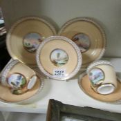 3 hand painted trio's and an odd saucer.