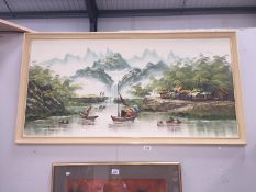 A large oriental oil on board of a river scene