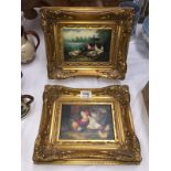 2 framed farmyard chicken scenes - signed Hunt